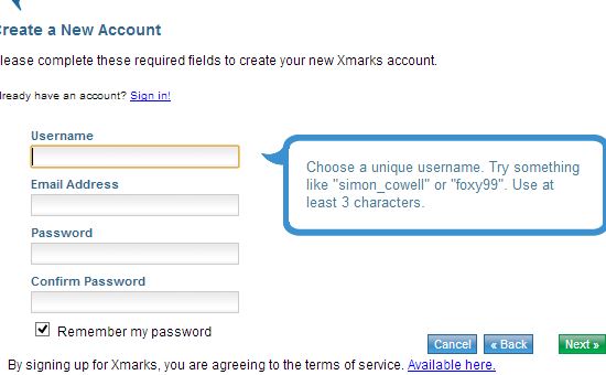 Enter your email, username, password to create Xmarks account