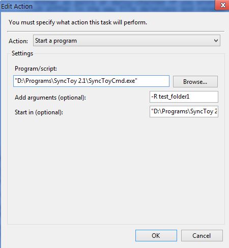 Sample settings for SyncToy