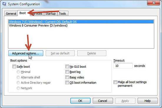 Click Boot tab and then click Advanced Options in MSconfig