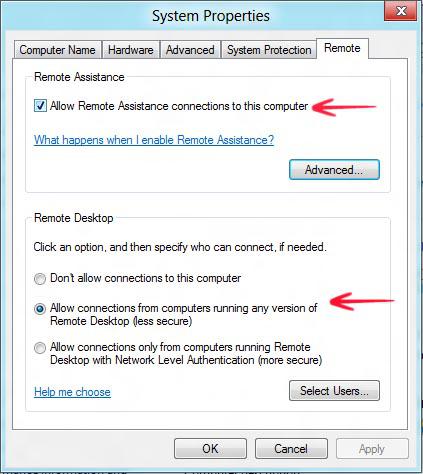 Check allow remote assistance to this computer in system properties