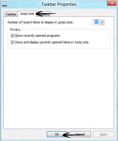 Taskbar properties jump lists