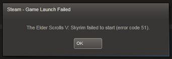 the elder scrolls v skyrim failed to start error code 51