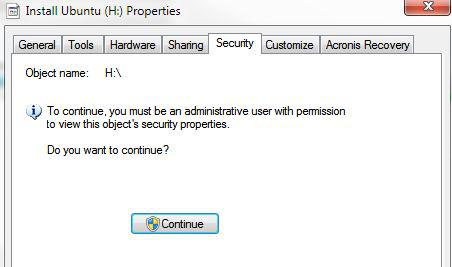 to conintue you must be an administrator user with permissions to view this object's security properties
