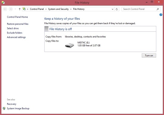 turn file history on windows8