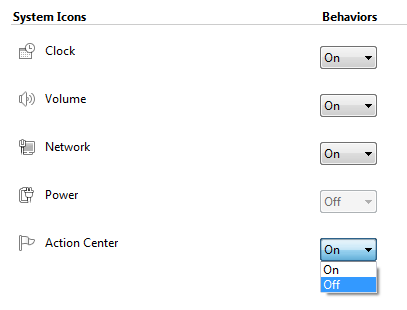 Turn off action center icon and notifications