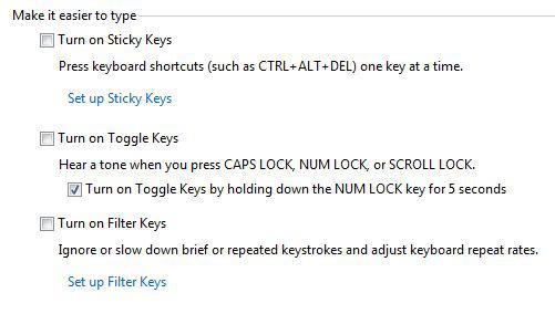 Turn off Filter keys, sticky keys, toggle keys