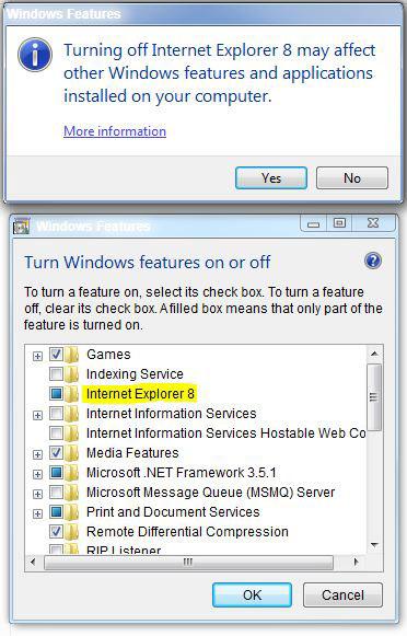 Turning off IE8 may affect other Windows features