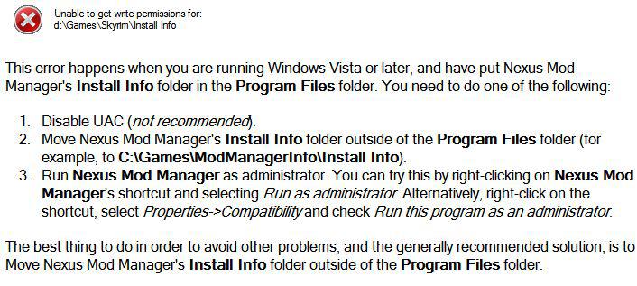 unable to get write permissions for skyrim install info