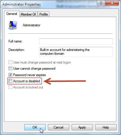 Uncheck Account is disabled and then click OK