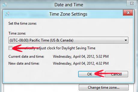 Uncheck the automatically adjust clock for daylight savings and press OK