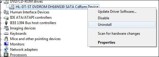 Uninstall DVD drive in Windows 7