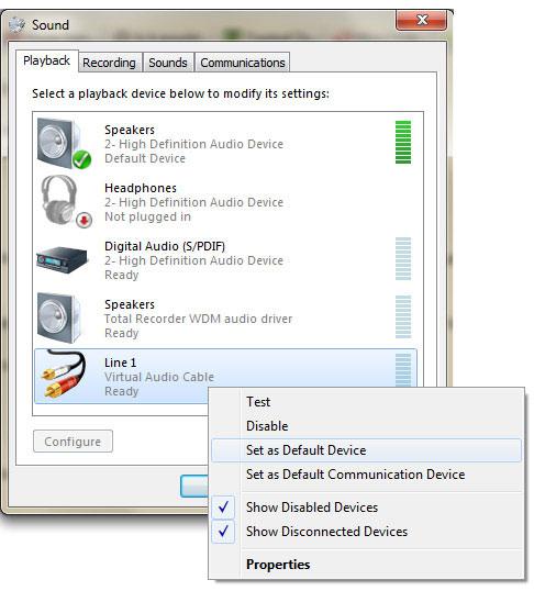 Virtual Audio Cable: Set as default device