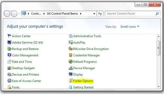Windows 7 Control Panel Folder Options