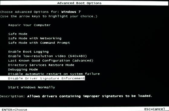Windows 7 disable driver signature enforcement