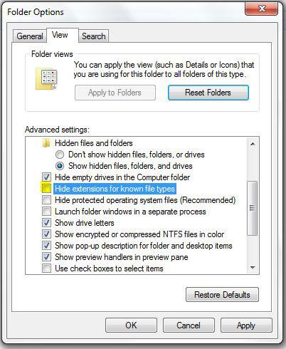 Windows 7 Hide Extensions for Known Filetypes