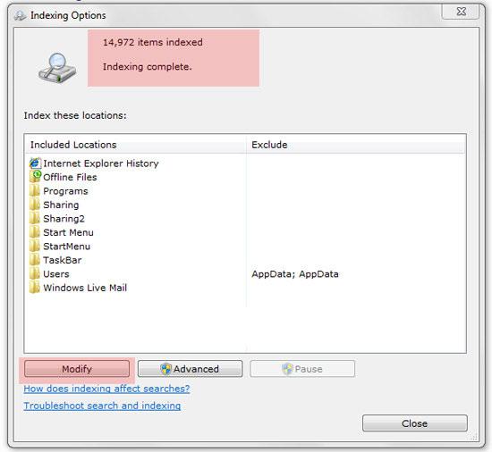 Windows 7 Indexing Options