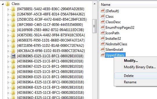 Windows 7 Registry: Delete UpperFilters