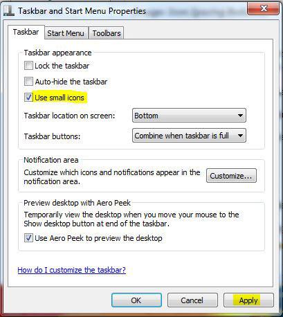 Windows 7 Small Taskbar Icon Size