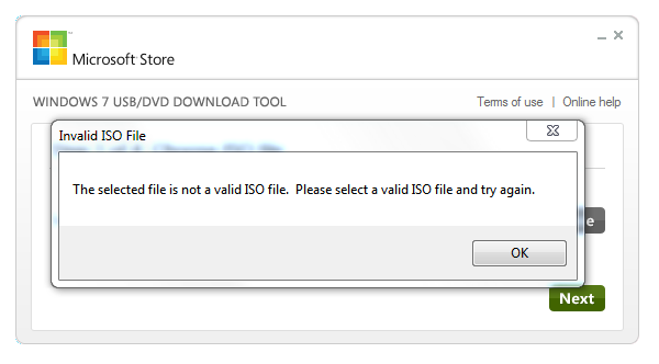 Windows 7 USB DVD download tool error: The selected file is not a valid ISO file