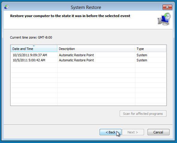 Windows 8 system restore feature