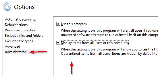 Defender Administrator options