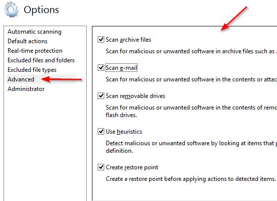 Defender Advanced menu options