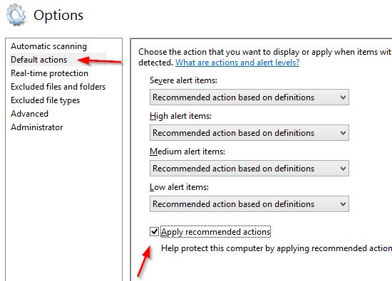 Default Actions options