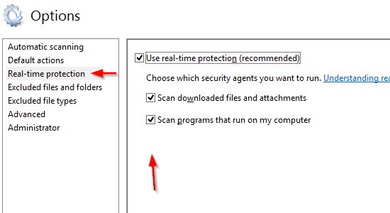 Real-time protection options