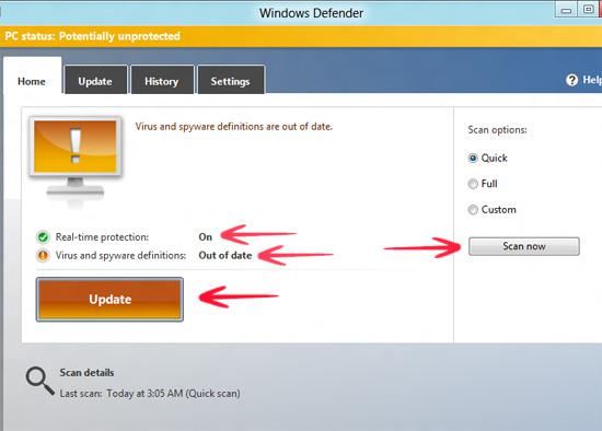 Windows Defender options