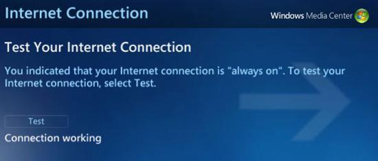 Windows Media Center test Internet Connection