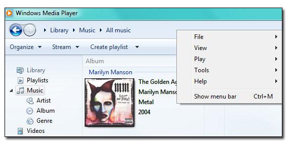 Windows Media Player Menu Bar