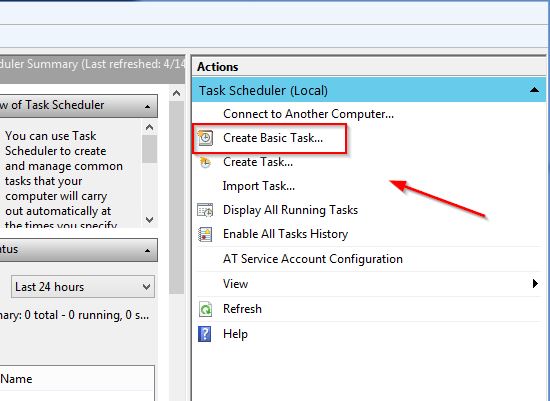 Open Task Scheduler and click Create Basic Task