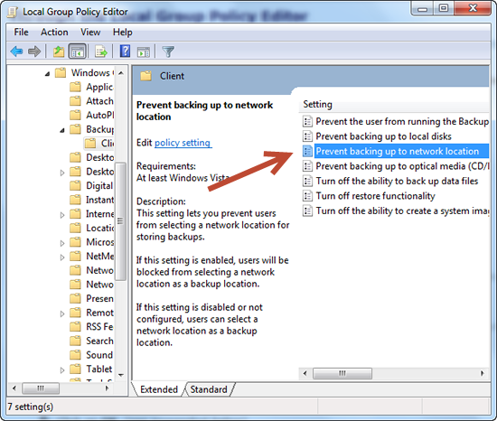 Prevent backing up to network location