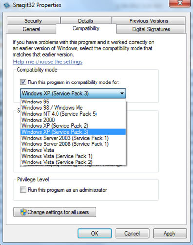 Compatibility Settings in Windows